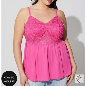 🆕️💕HOT PINK BABYDOLL GEORGETTE LACE TRIM CAMI💕